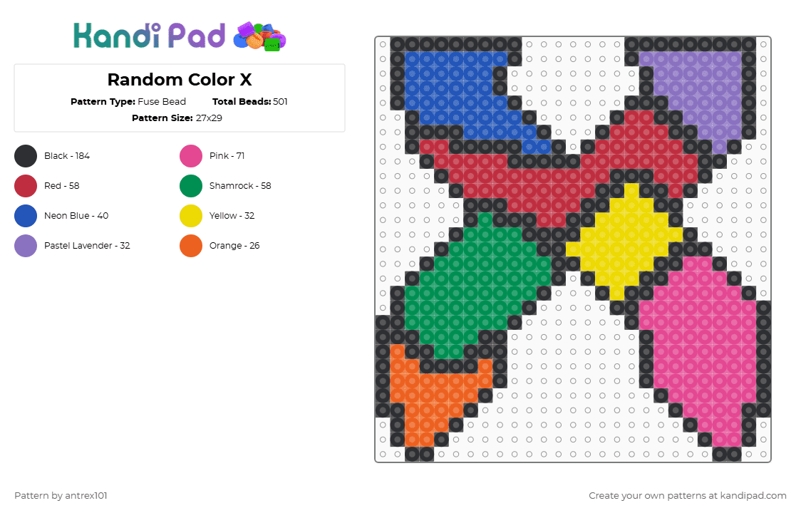Random Color X - Fuse Bead Pattern by anttronics on Kandi Pad - excision,x,logo,puzzle,random,color,pink,blue,red,green