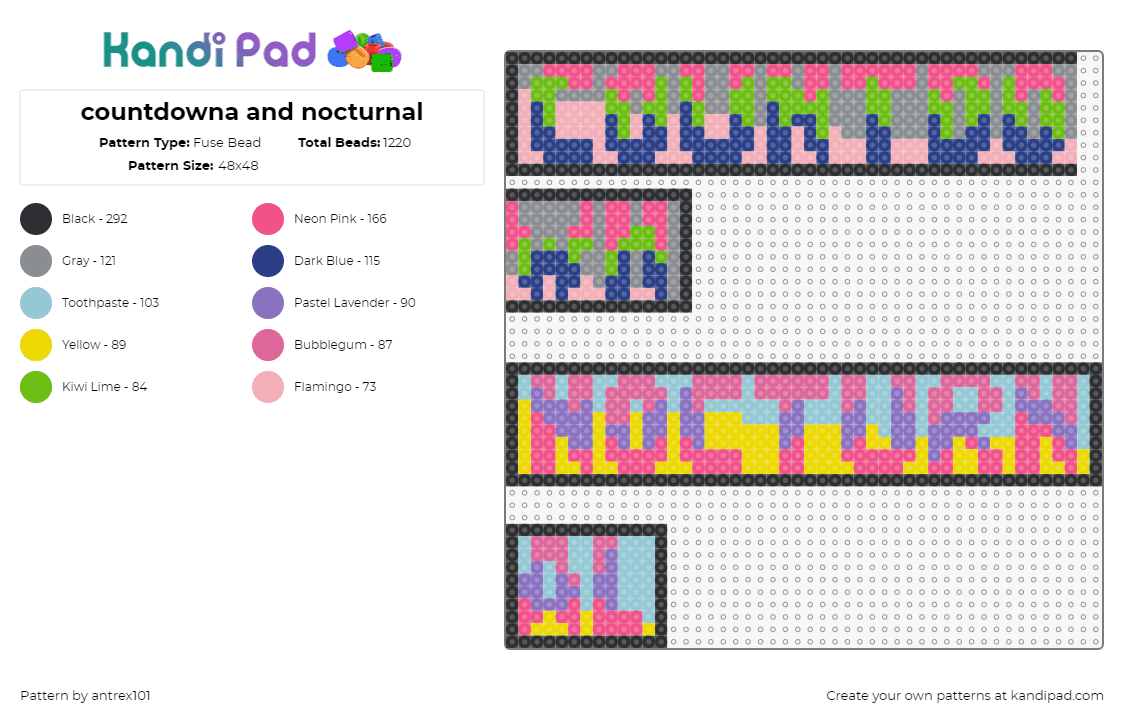 countdowna and nocturnal - Fuse Bead Pattern by antrex101 on Kandi Pad - countdown,nocturnal wonderland,festival,music,sign,banner,logo,text,edm,colorful,pink,yellow,green,blue