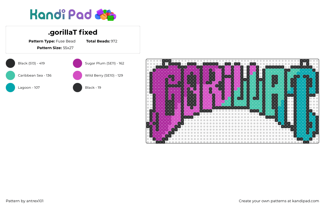 .gorillaT fixed - Fuse Bead Pattern by antrex101 on Kandi Pad - pink,teal
