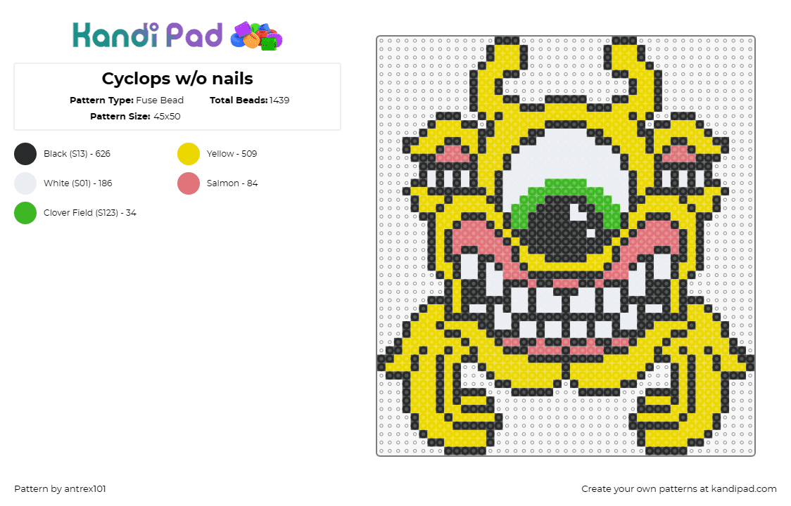 Cyclops w/o nails - Fuse Bead Pattern by antrex101 on Kandi Pad - subtronics,cyclops,logo,dj,edm,music,eye,teeth,mouth,creepy,yellow,pink