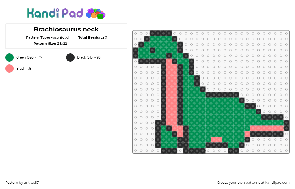 Brachiosaurus neck - Fuse Bead Pattern by antrex101 on Kandi Pad - brachiosaurus,dinosaur,prehistoric,cute,simple,animal,green,pink