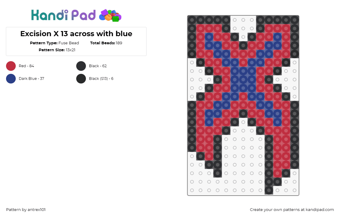 Excision X 13 across with blue - Fuse Bead Pattern by antrex101 on Kandi Pad - excision,logo,x,dj,edm,dubstep,music,simple,red,blue