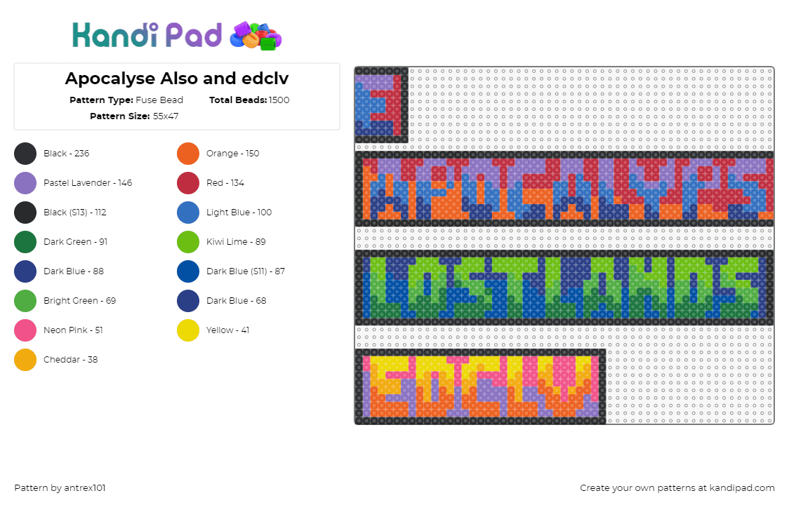 Apocalyse Also and edclv - Fuse Bead Pattern by antrex101 on Kandi Pad - lost lands,apocalypse,edc,festival,music,sign,banner,logo,text,edm,colorful,orange,purple,green,blue