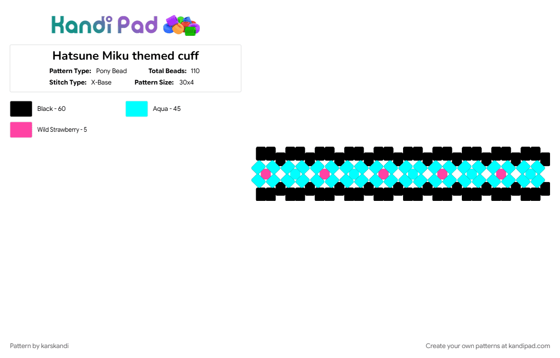Hatsune Miku themed cuff - Pony Bead Pattern by karskandi on Kandi Pad - cotdcollectibles, hatsune miku, light blue, miku, music, vocaloid