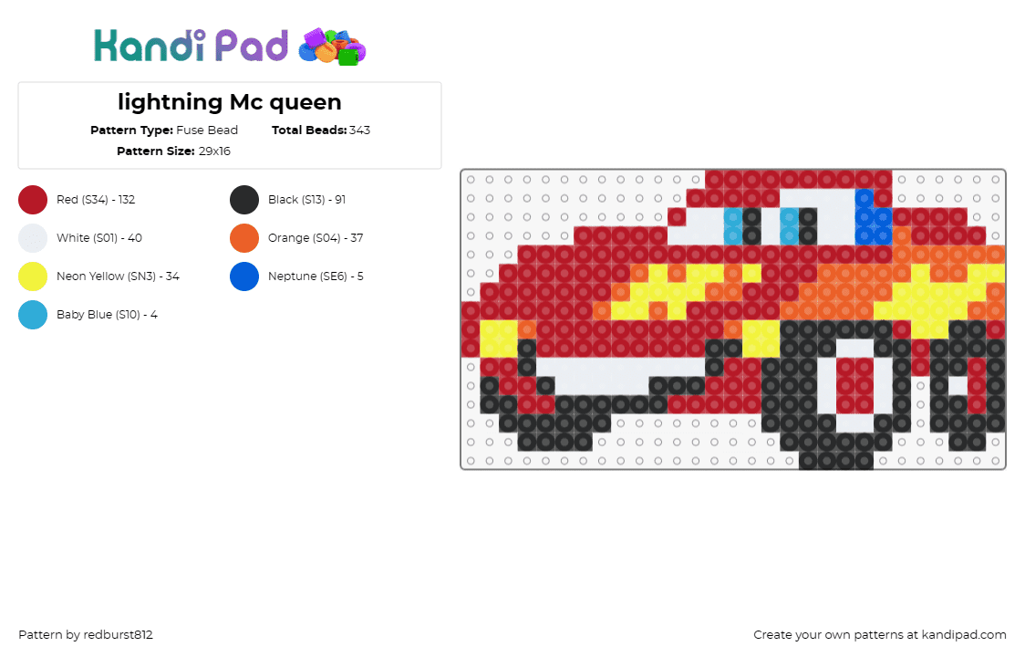 lightning Mc queen - Fuse Bead Pattern by redburst812 on Kandi Pad - lightning mcqueen,cars,disney,racecar,character,fiery,red