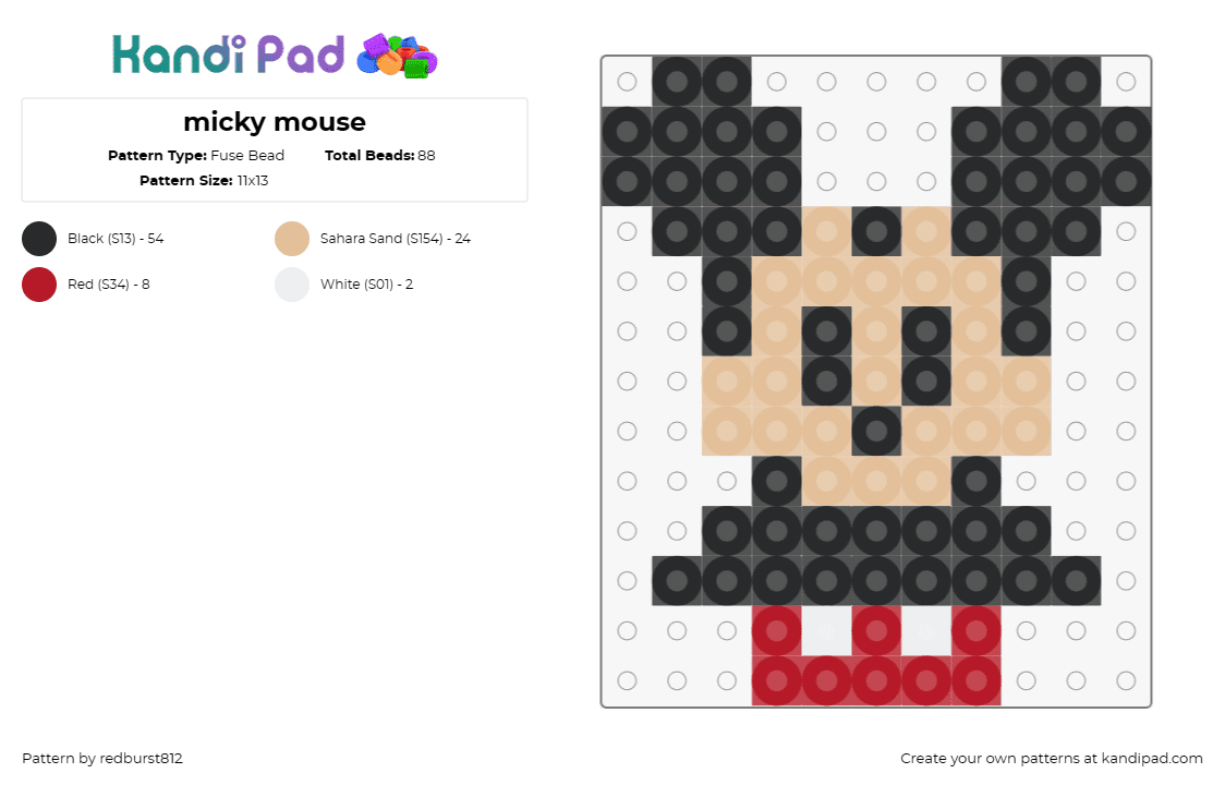 micky mouse - Fuse Bead Pattern by redburst812 on Kandi Pad - mickey mouse,disney,simple,character,black,tan