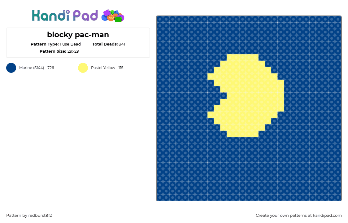 blocky pac-man - Fuse Bead Pattern by redburst812 on Kandi Pad - pacman,arcade,retro,classic,character,namco,video game,yellow,blue