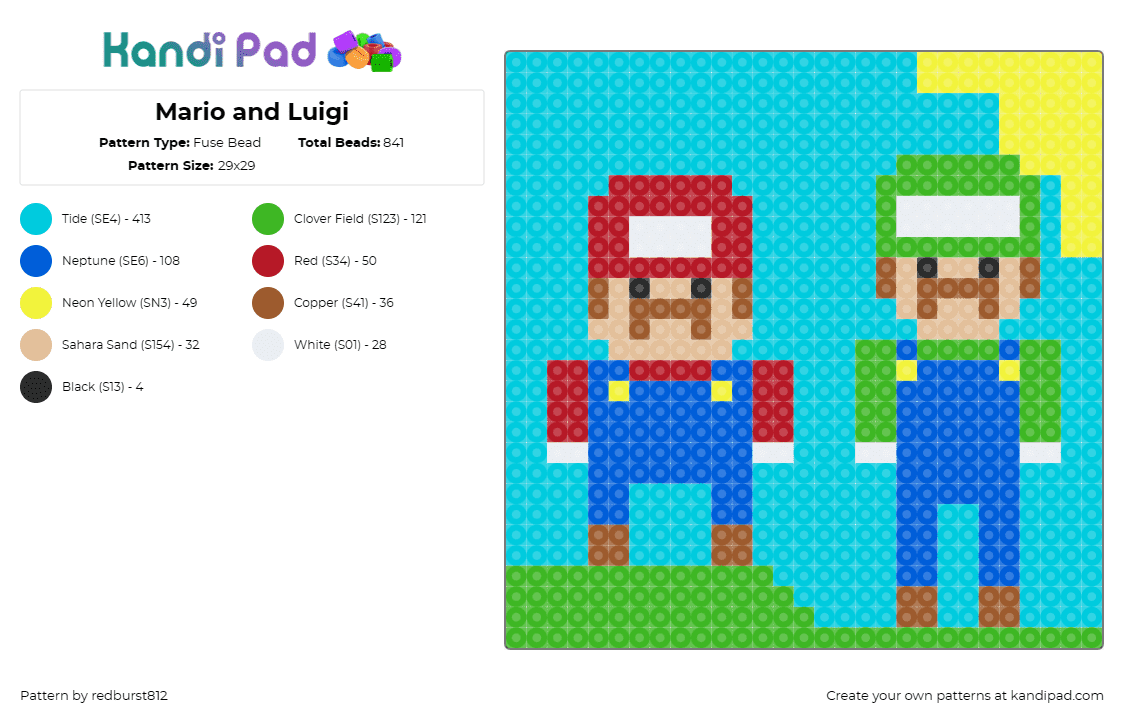 Mario and Luigi - Fuse Bead Pattern by redburst812 on Kandi Pad - mario,luigi,nintendo,characters,sky,landscape,video game,blue,red,green,light bl