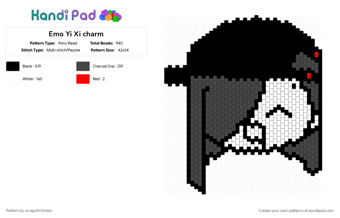 Emo Yi Xi charm - Pony Bead Pattern by scrapsfict0nkin on Kandi Pad - black, brown, cotdemohairstyles