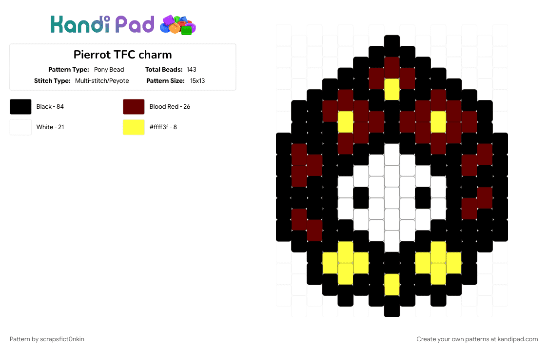Pierrot TFC charm - Pony Bead Pattern by scrapsfict0nkin on Kandi Pad - black, brown, character, cotdcircuses, gaming, tfc, yellow