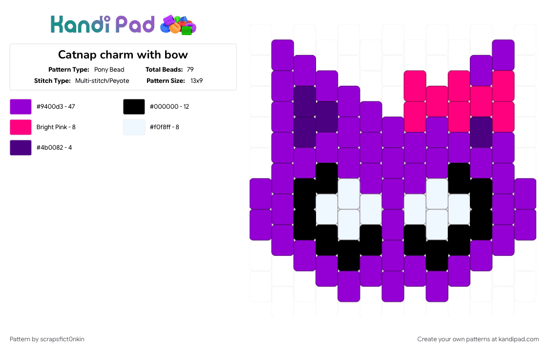 Catnap charm with bow - Pony Bead Pattern by scrapsfict0nkin on Kandi Pad - catnap, character, gaming, mecore, poppy playtime, purple
