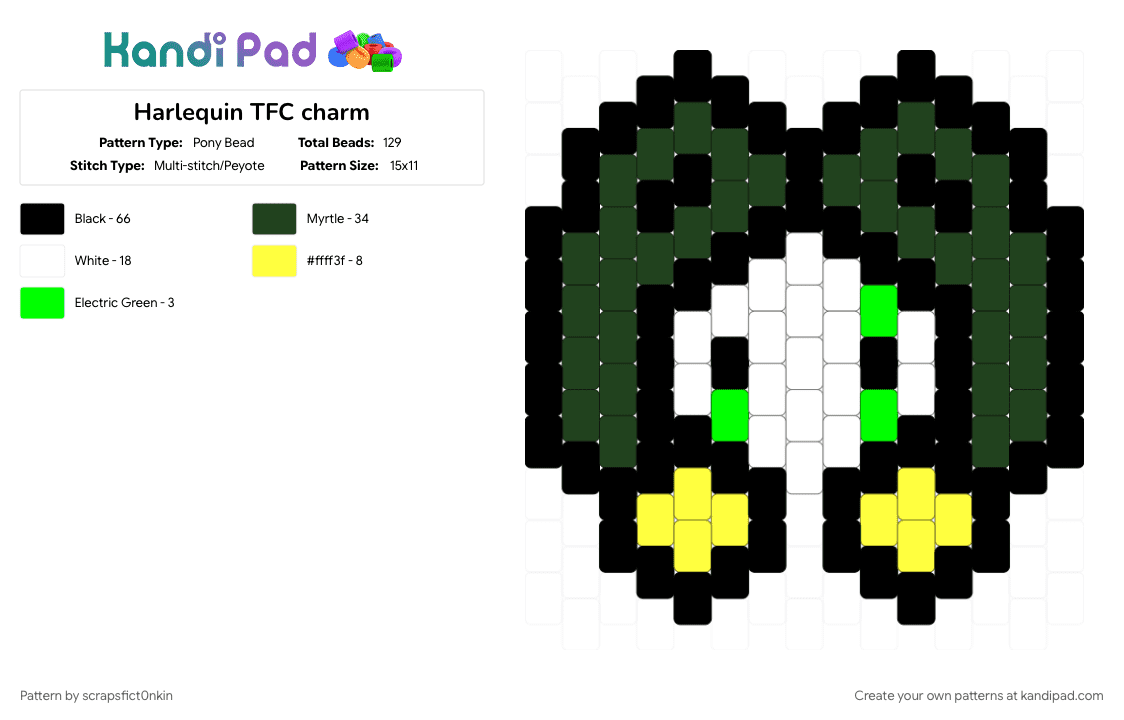 Harlequin TFC charm - Pony Bead Pattern by scrapsfict0nkin on Kandi Pad - black, character, cotdcircuses, gaming, green, harlequin tfc, white, yellow