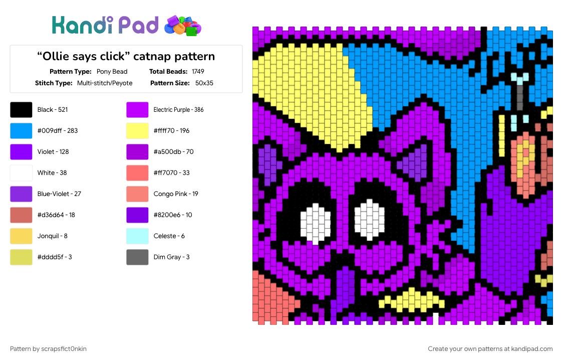 “Ollie says click” catnap pattern - Pony Bead Pattern by scrapsfict0nkin on Kandi Pad - catnap, character, gaming, light blue, poppy playtime, purple, yellow