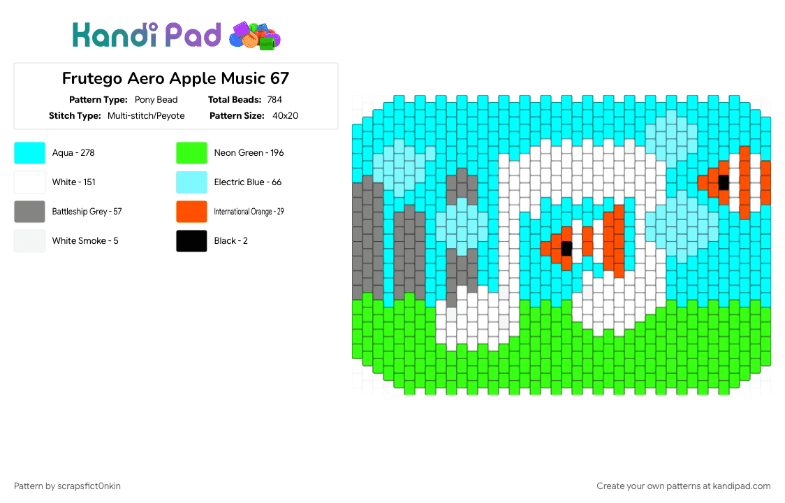Frutego Aero Apple Music 67 - Pony Bead Pattern by scrapsfict0nkin on Kandi Pad - cotdstreamingmusic, frutiger aero, green, light blue, music, y2k