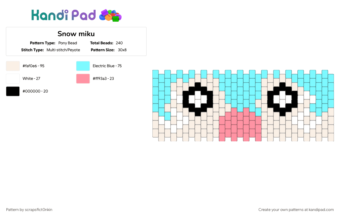 Snow miku - Pony Bead Pattern by scrapsfict0nkin on Kandi Pad - character, hatsune miku, light blue, snow, snow miku, vocaloid, yumeship