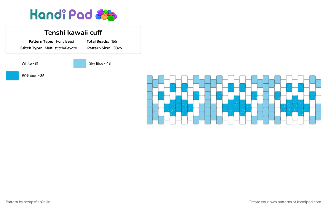 Tenshi kawaii cuff - Pony Bead Pattern by scrapsfict0nkin on Kandi Pad - cute, kawaii, light blue, tenshi kaiwai, white