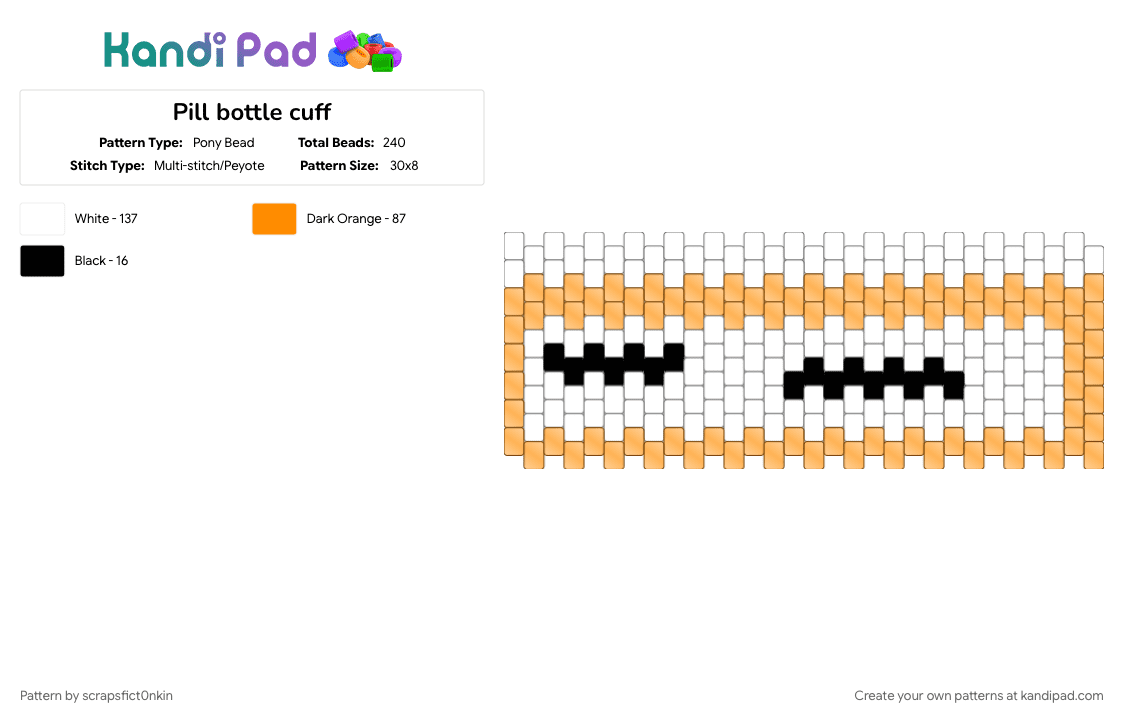 Pill bottle cuff - Pony Bead Pattern by scrapsfict0nkin on Kandi Pad - bottle, orange, pills, white