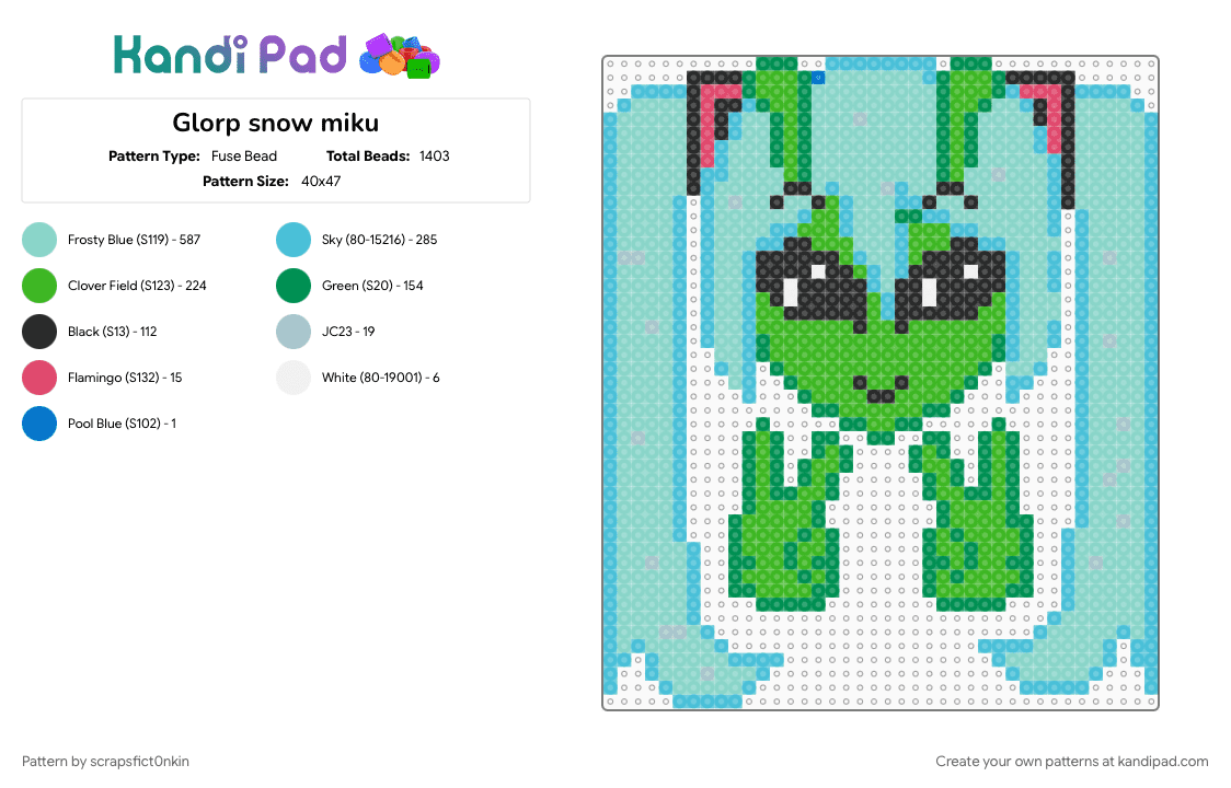 Glorp snow miku - Fuse Bead Pattern by scrapsfict0nkin on Kandi Pad - character, green, hatsune miku, light blue, vocaloid