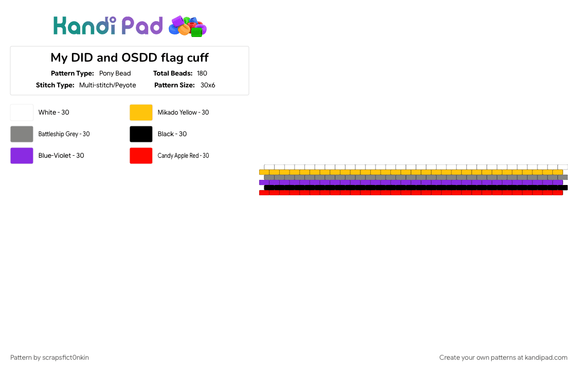 My DID and OSDD flag cuff - Pony Bead Pattern by scrapsfict0nkin on Kandi Pad - did, gray, pride, pride flag, purple, red, yellow