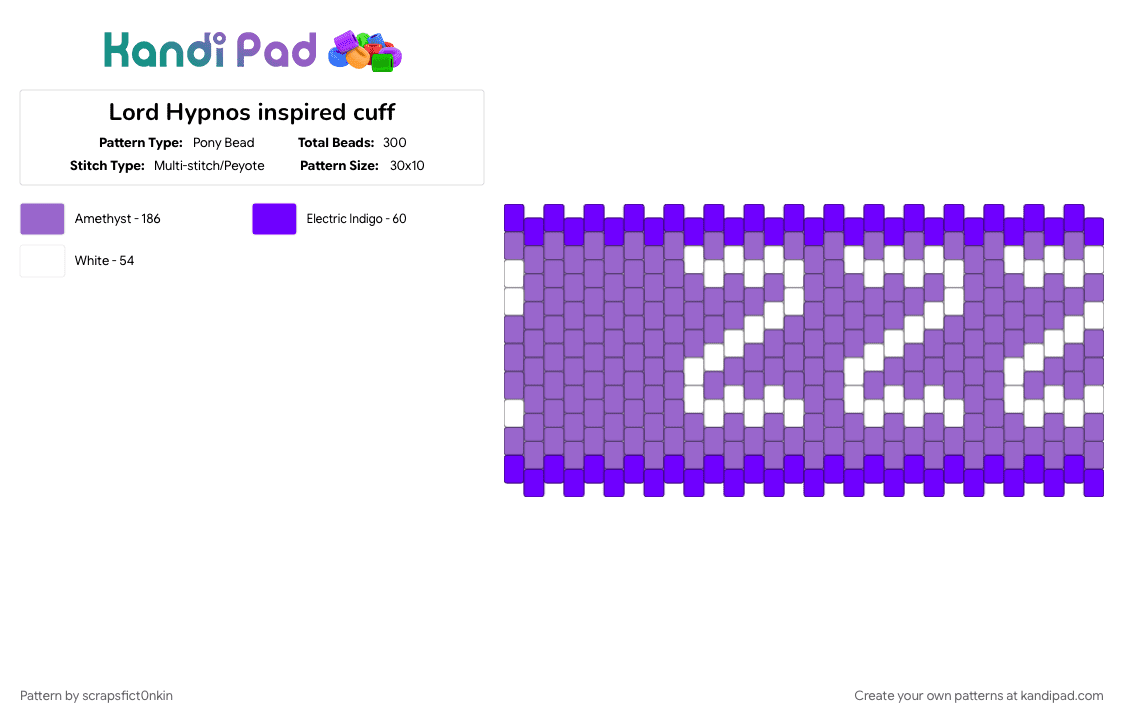 Lord Hypnos inspired cuff - Pony Bead Pattern by scrapsfict0nkin on Kandi Pad - greek god, purple, religion