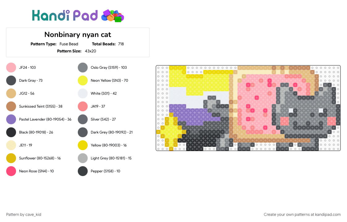 Nonbinary nyan cat - Fuse Bead Pattern by cave_kid on Kandi Pad - beige, cat, character, charm, cotdcats, gray, meow, nyan cat, pink, yellow