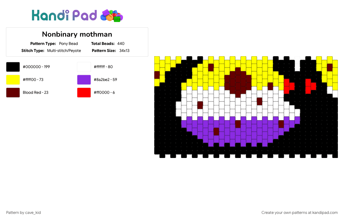 Nonbinary mothman - Pony Bead Pattern by cave_kid on Kandi Pad - cryptid, cuffs, mothman, nonbinary, panel, pride, purple, yellow