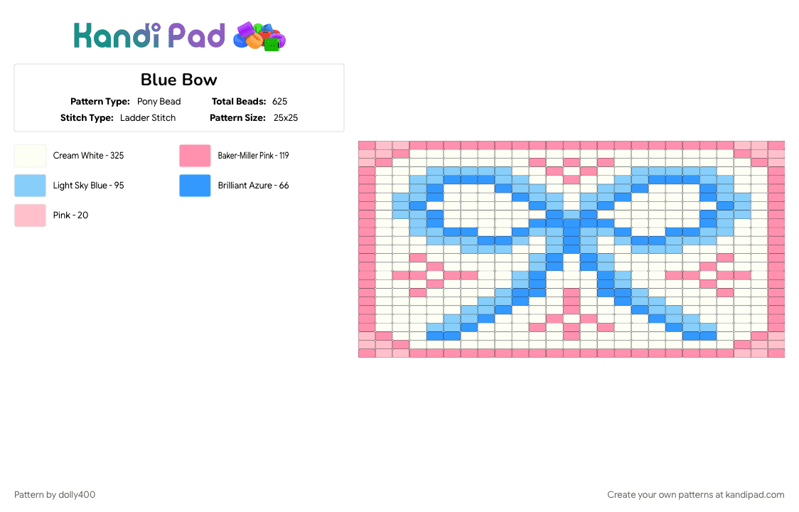 Blue Bow - Pony Bead Pattern by dolly400 on Kandi Pad - bow, coquette, light blue, pink, ribbon