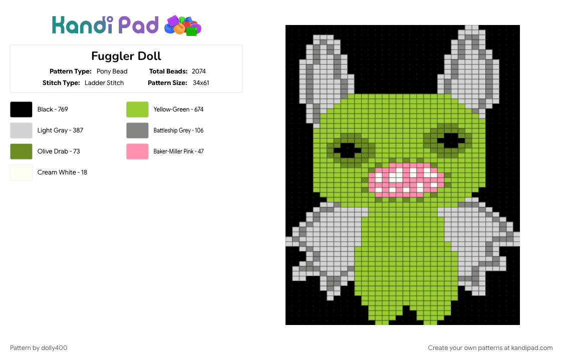 Fuggler Doll - Pony Bead Pattern by dolly400 on Kandi Pad - green, purple