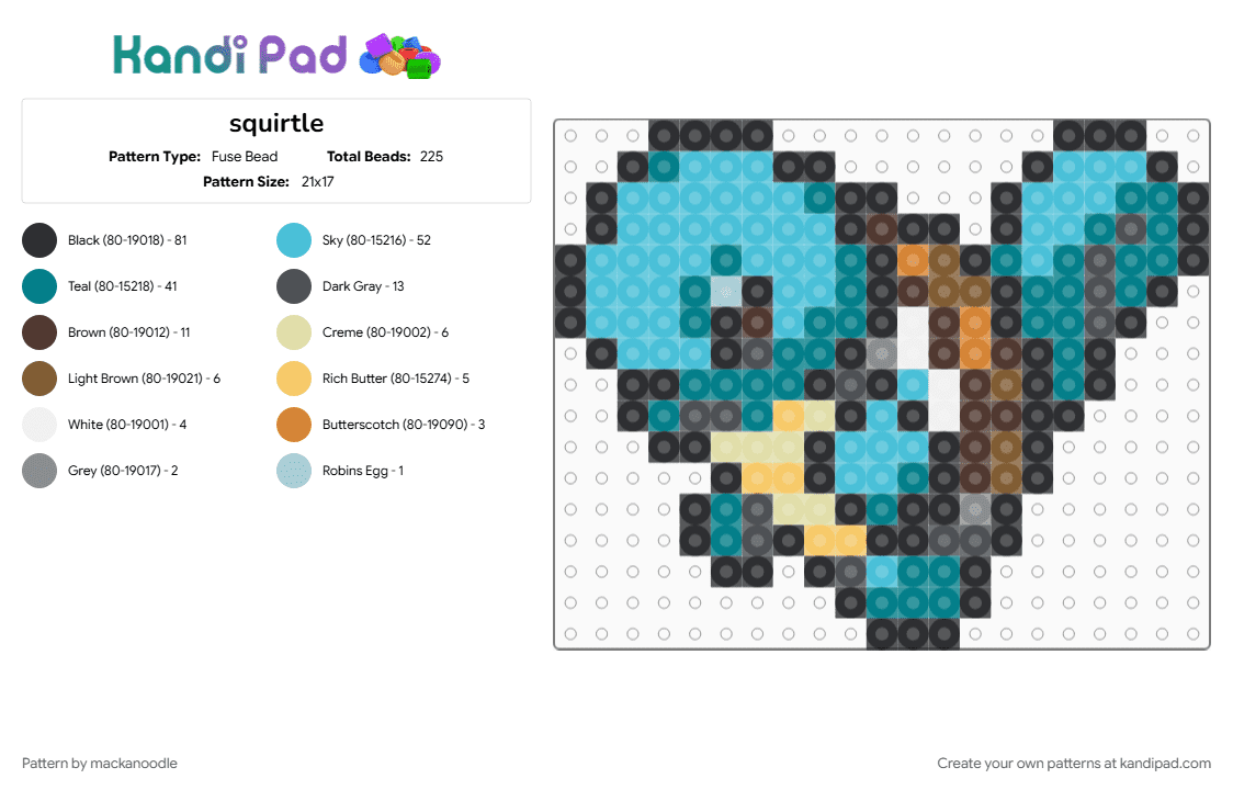 squirtle - Fuse Bead Pattern by mackanoodle on Kandi Pad - light blue, teal