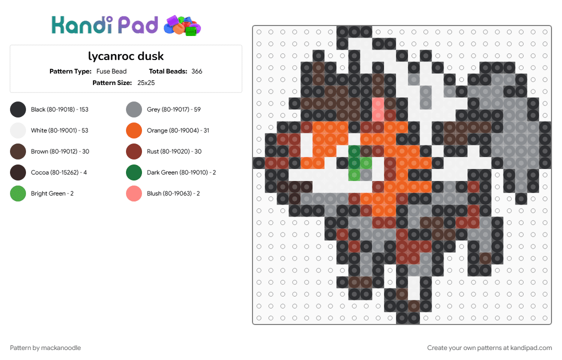 lycanroc dusk - Fuse Bead Pattern by mackanoodle on Kandi Pad - brown, gray, orange, red