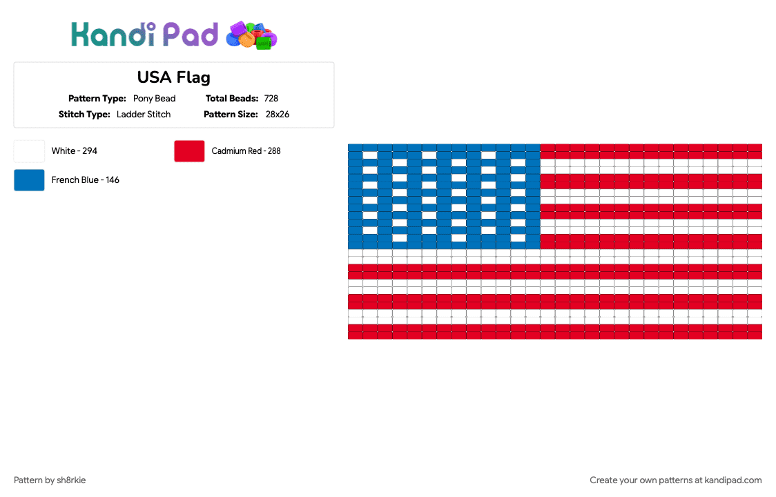 USA Flag - Pony Bead Pattern by sh8rkie on Kandi Pad - blue, red
