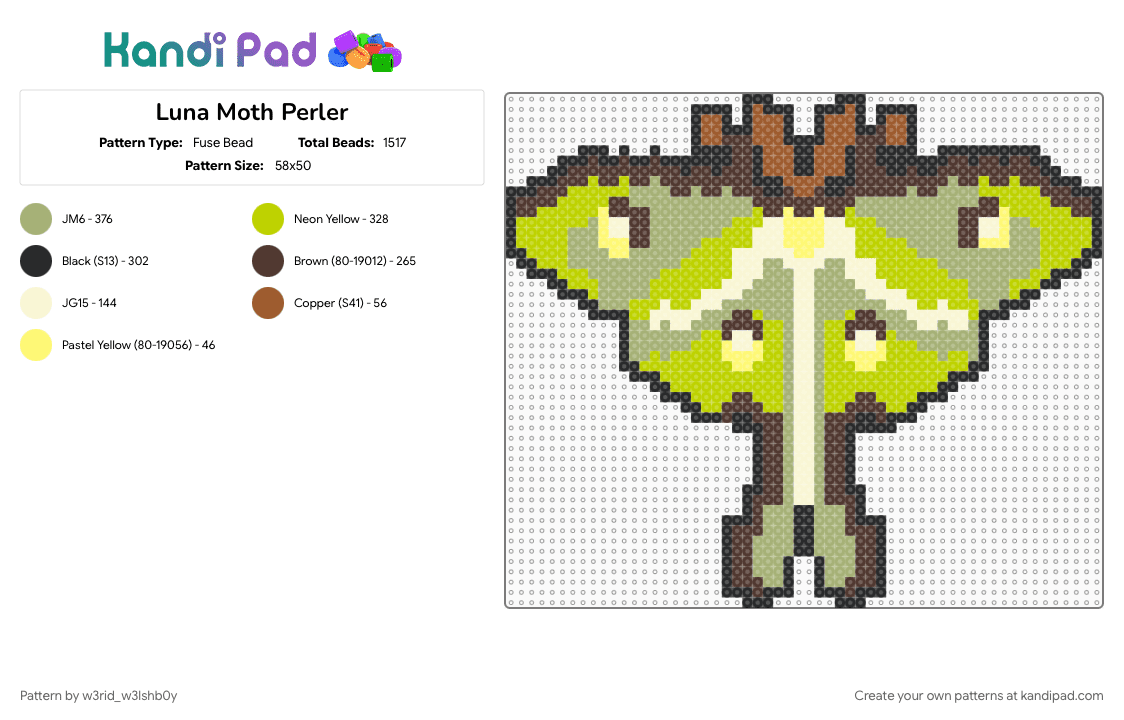 Luna Moth Perler - Fuse Bead Pattern by w3rid_w3lshb0y on Kandi Pad - brown, green