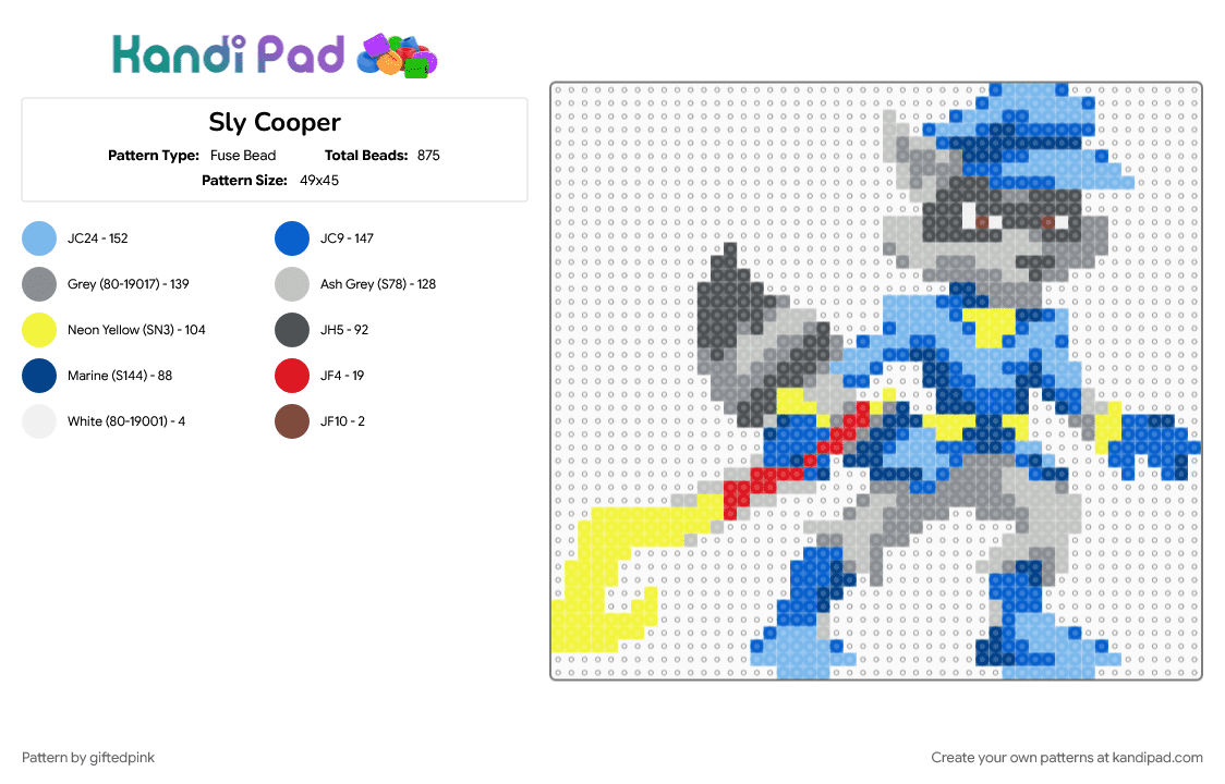 Sly Cooper - Fuse Bead Pattern by giftedpink on Kandi Pad - beige, blue, gray, light blue