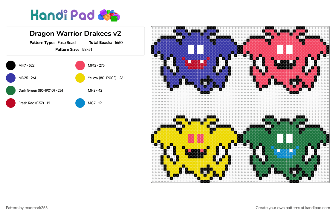 Dragon Warrior Drakees v2 - Fuse Bead Pattern by madmark255 on Kandi Pad - green, purple, red, yellow