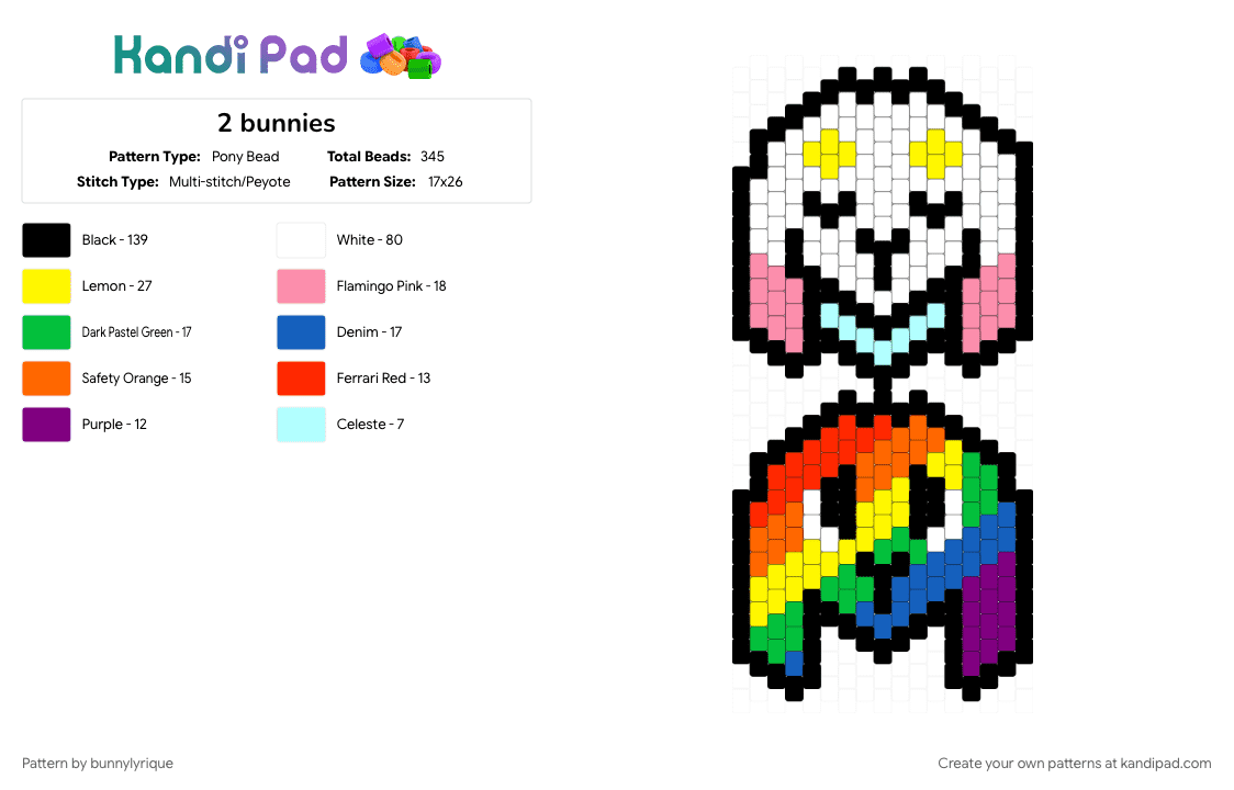 2 bunnies - Pony Bead Pattern by bunnylyrique on Kandi Pad - black, blue, colorful, pink, white, yellow