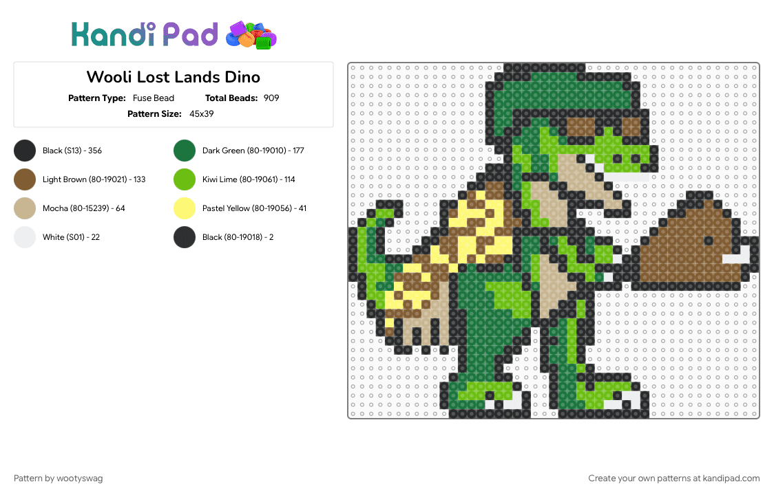 Wooli Lost Lands Dino - Fuse Bead Pattern by wootyswag on Kandi Pad - green, tan