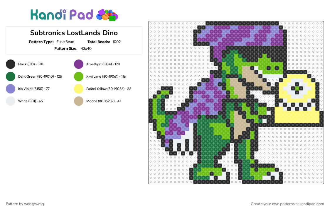 Subtronics LostLands Dino - Fuse Bead Pattern by wootyswag on Kandi Pad - green, pink