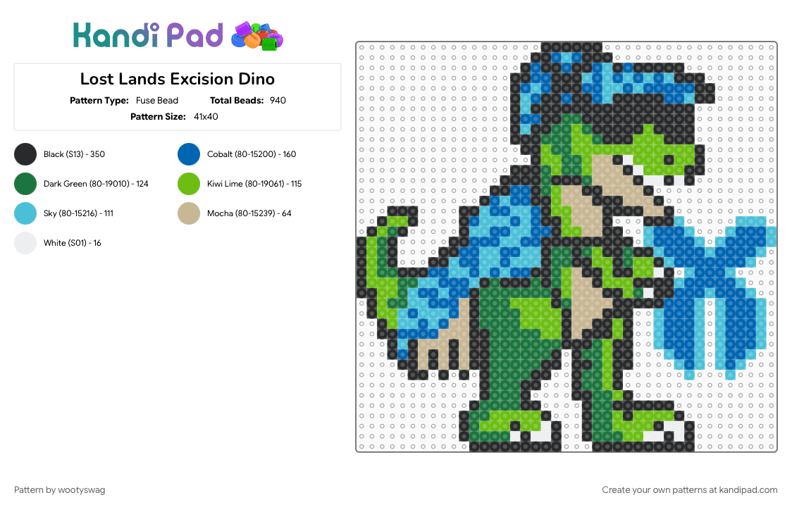 Lost Lands Excision Dino - Fuse Bead Pattern by wootyswag on Kandi Pad - blue, excision, green