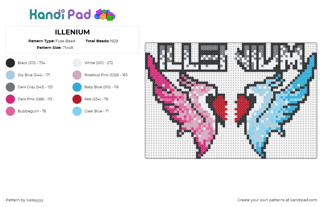 ILLENIUM - Fuse Bead Pattern by lusssyyyy on Kandi Pad - illenium,logo,love,phoenix,affection,heart,couple,dj,edm,music,light blue,pink,g