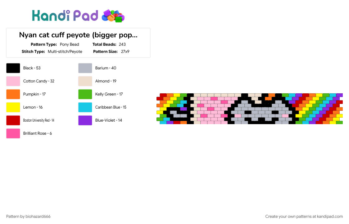 Nyan cat cuff peyote (bigger poptart) - Pony Bead Pattern by biohazard666 on Kandi Pad - beige, green, orange, pink