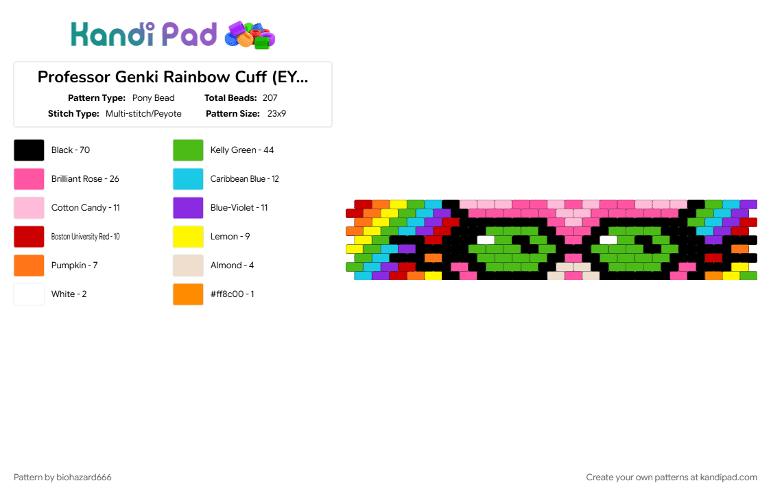Professor Genki Rainbow Cuff (EYES!) (even version) - Pony Bead Pattern by biohazard666 on Kandi Pad - green, pink