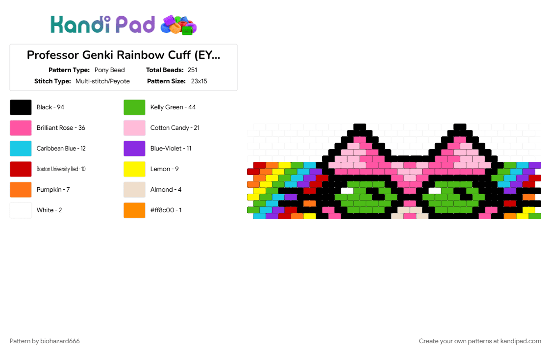 Professor Genki Rainbow Cuff (EYES and EARS!) (even version) - Pony Bead Pattern by biohazard666 on Kandi Pad - green, pink
