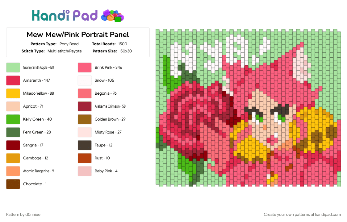 Mew Mew/Pink Portrait Panel - Pony Bead Pattern by d0nniee on Kandi Pad - deltarune, deltarune chapter 5, flower, panel, pink, red, teal
