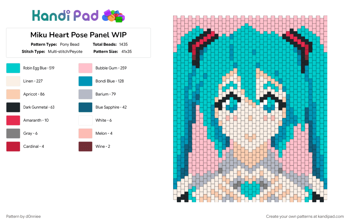 Miku Heart Pose Panel - Pony Bead Pattern by d0nniee on Kandi Pad - heart, light blue, miku, miku hatsune, panel, pink, teal