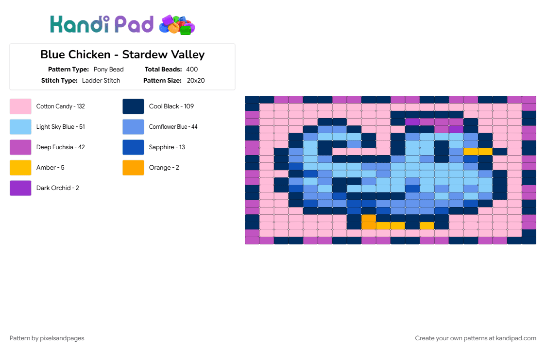 Blue Chicken - Stardew Valley - Pony Bead Pattern by pixelsandpages on Kandi Pad - blue, light blue, pink