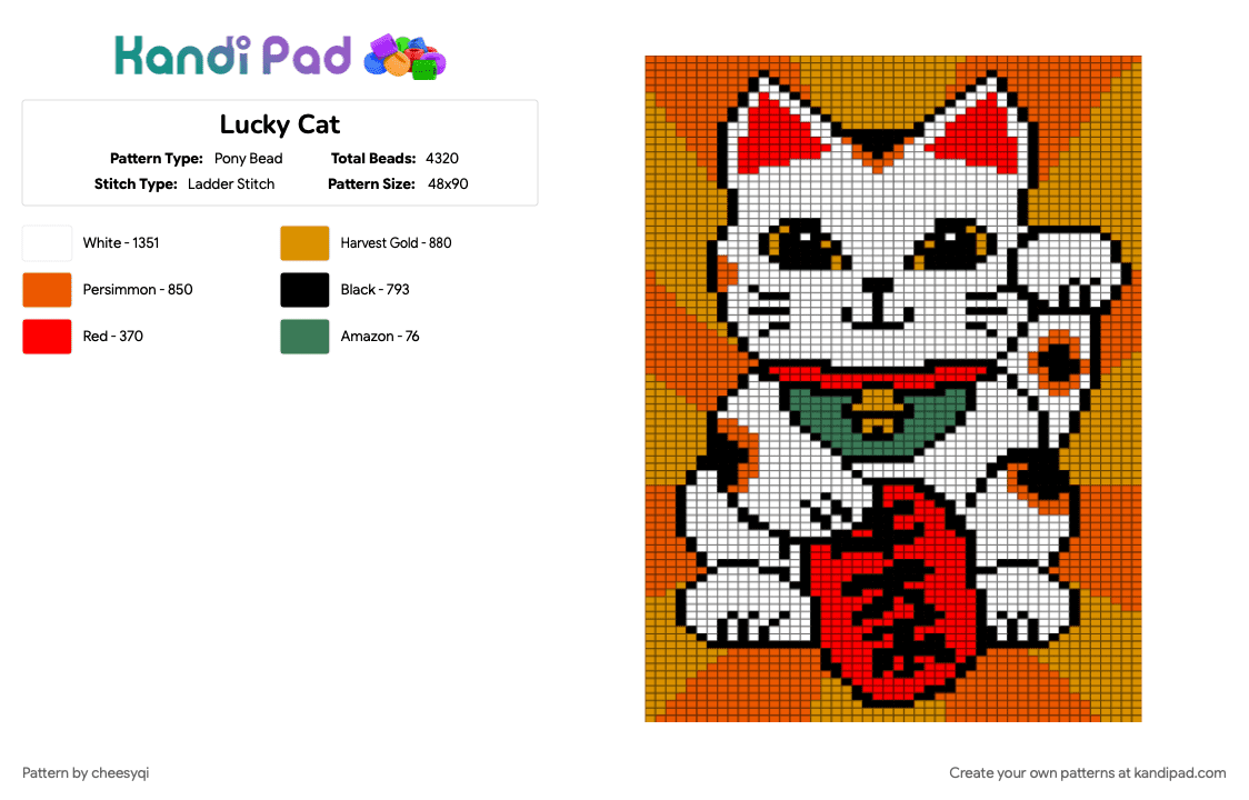 Lucky Cat - Pony Bead Pattern by cheesyqi on Kandi Pad - cotdcats, orange