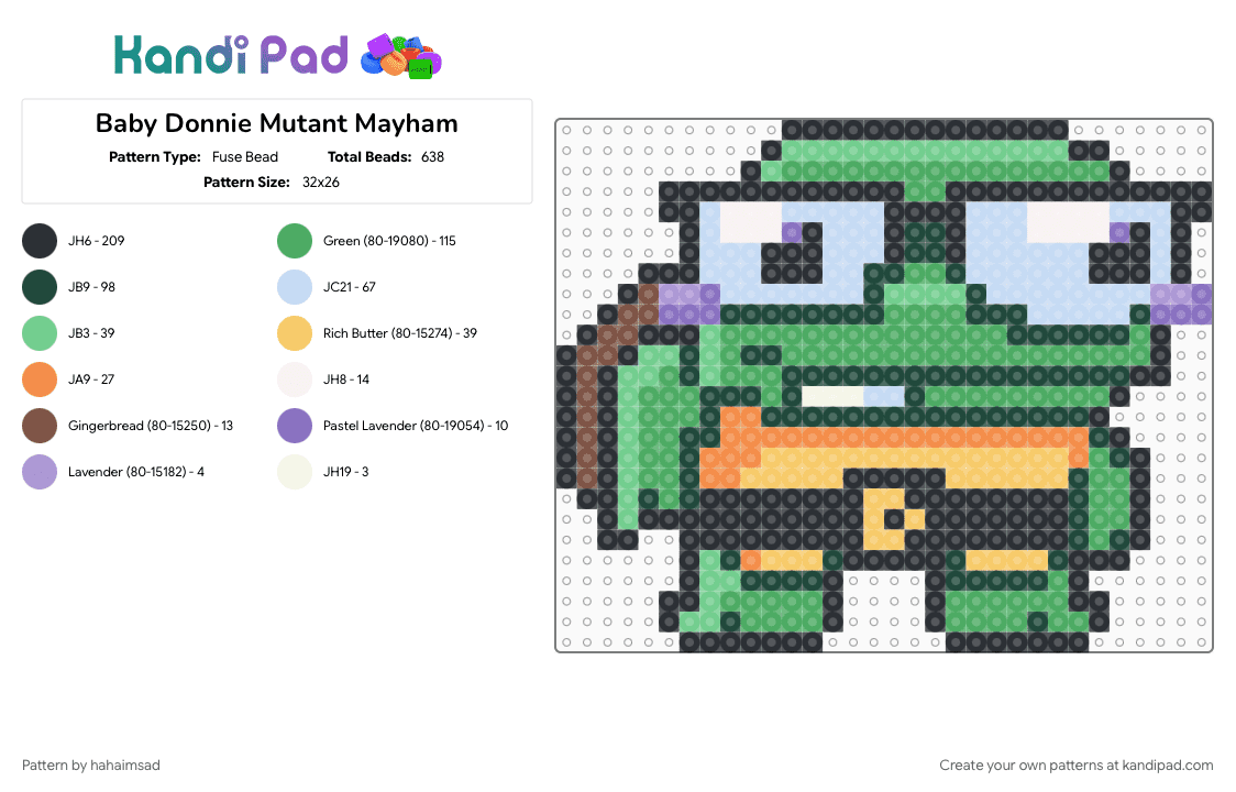 Baby Donnie Mutant Mayham - Fuse Bead Pattern by hahaimsad on Kandi Pad - black, green, teal, tmnt, yellow