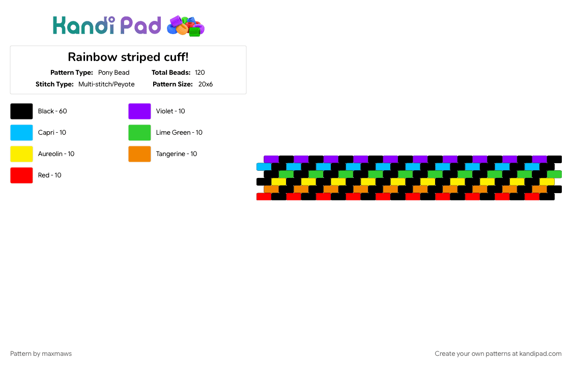 Rainbow striped cuff! - Pony Bead Pattern by maxmaws on Kandi Pad - black, colorful, light blue, rainbow, red, yellow
