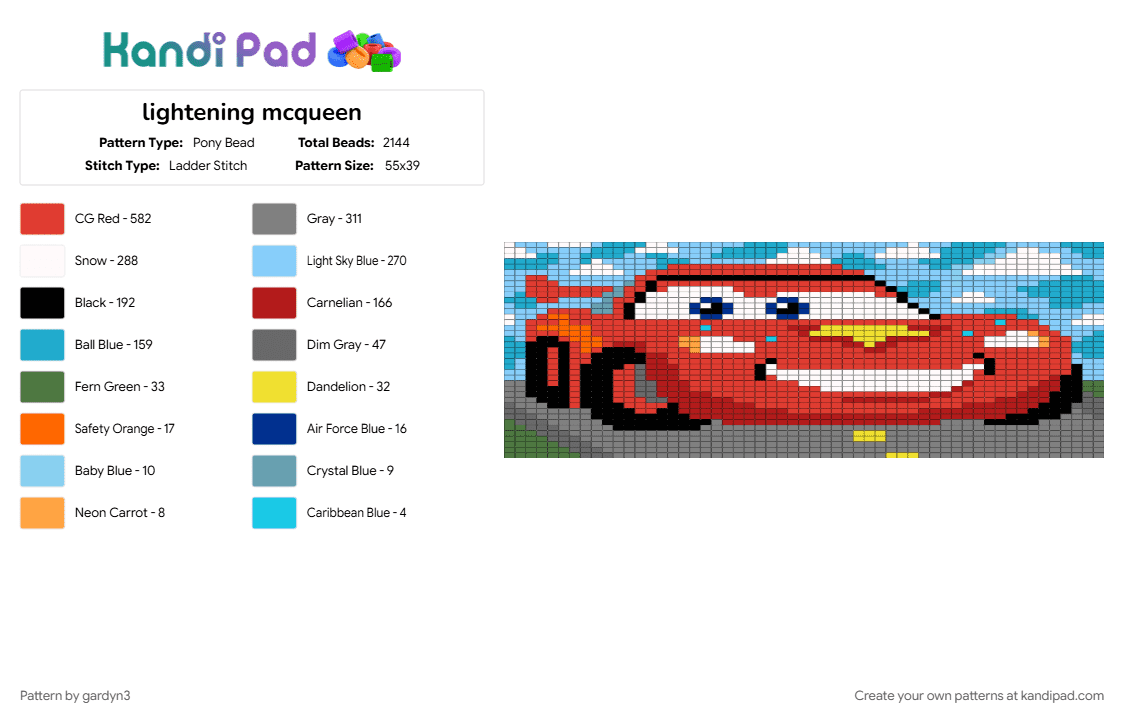 lightening mcqueen - Pony Bead Pattern by gardyn3 on Kandi Pad - gray, light blue, red