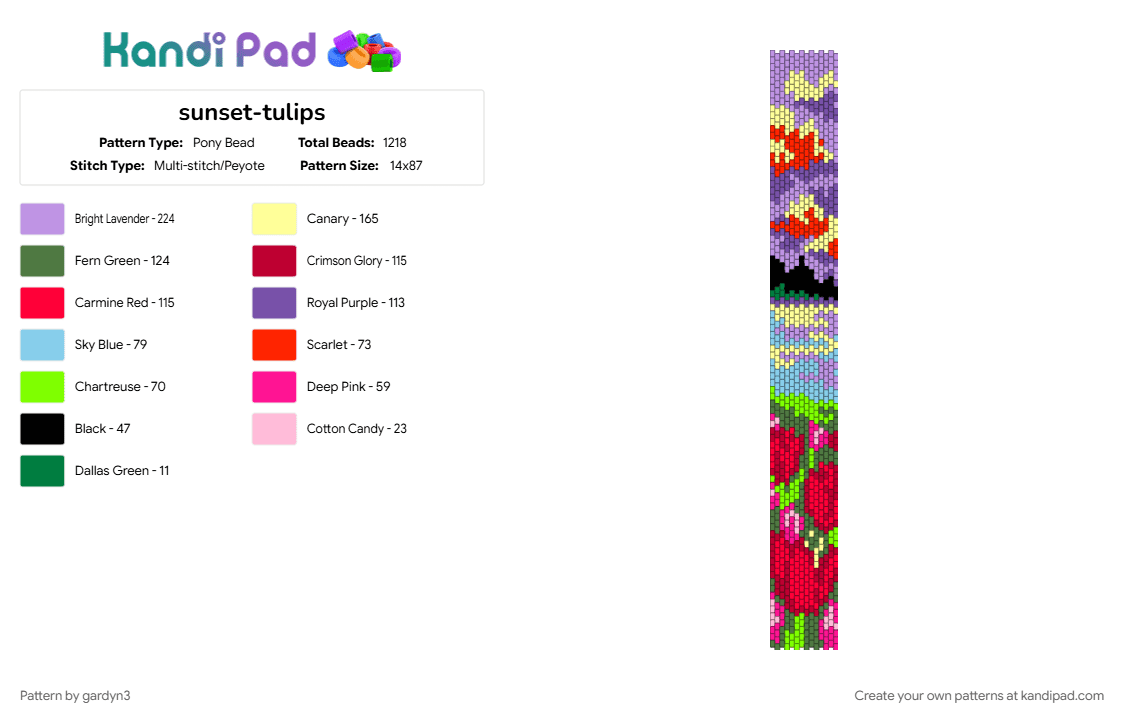 sunset-tulips - Pony Bead Pattern by gardyn3 on Kandi Pad - green, pink, red